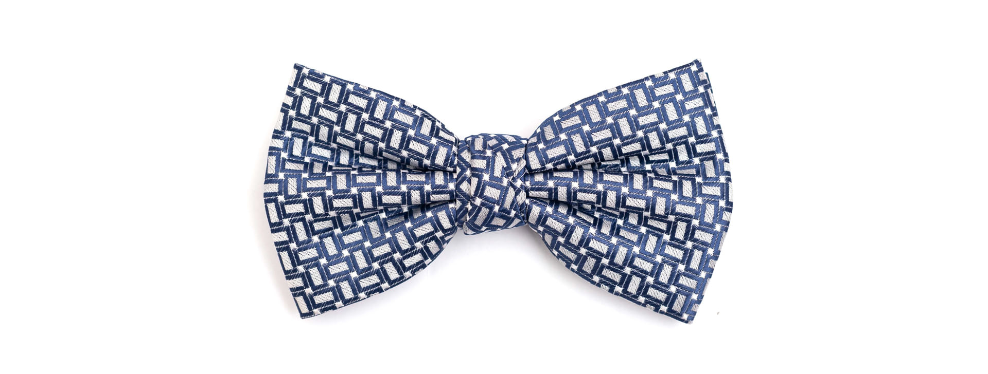 Gravata Borboleta Em Poliéster Cinza Com Desenho Geométricos Em Azul E Detalhes Em Branco - Hover