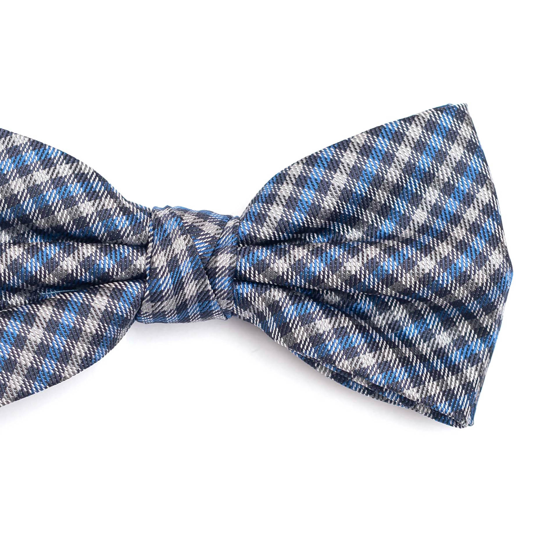 Gravata Borboleta Em Poliéster Xadrez Cinza E Preto Com Detalhes Em Azul E Branco