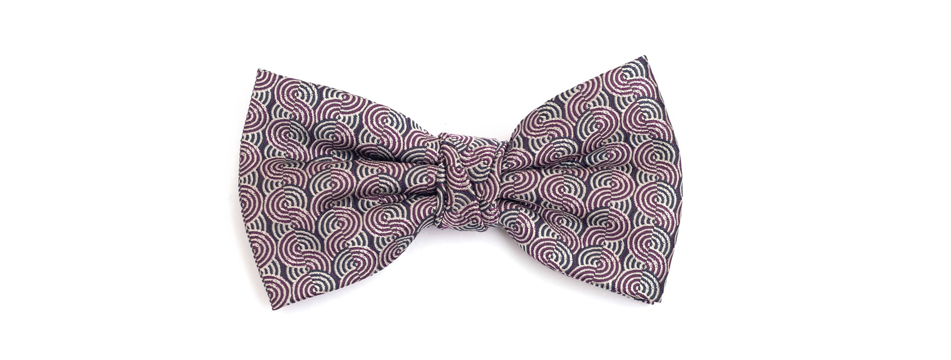 Gravata Borboleta Em Poliéster Cinza Chumbo Com Desenhos Geometrico Roxo E Cinza Claro - Hover