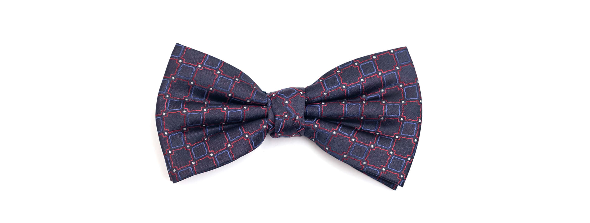 Gravata Borboleta Em Poliéster Azul Marinho Com Desenho Geometrico Azul E Vermelho Com Detalhe Em Branco - Hover