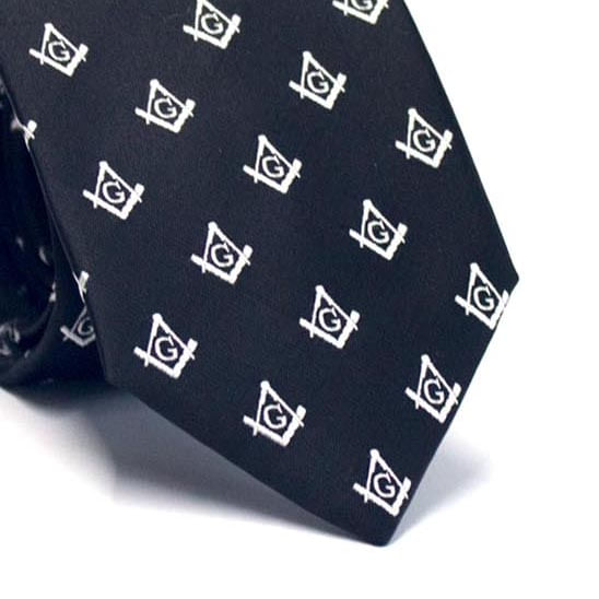 GravataTradicionalemPoliesterPretacomDesenhoMaconariaBranco