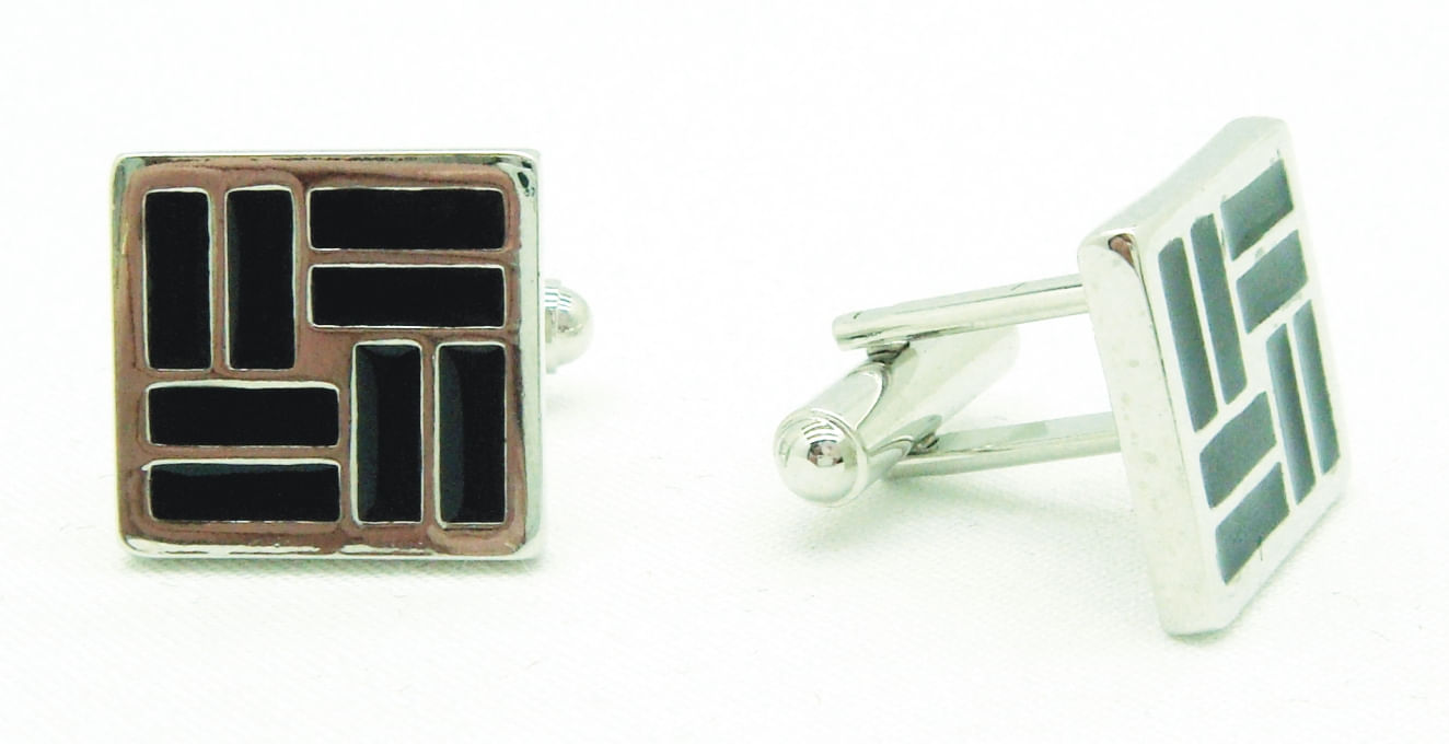 Abotoadura Quadrada Prata Com Preto E Retângulos - Hover