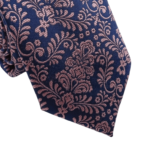 Gravata Slim Poliéster Azul Marinho Com Estampa Floral Pink