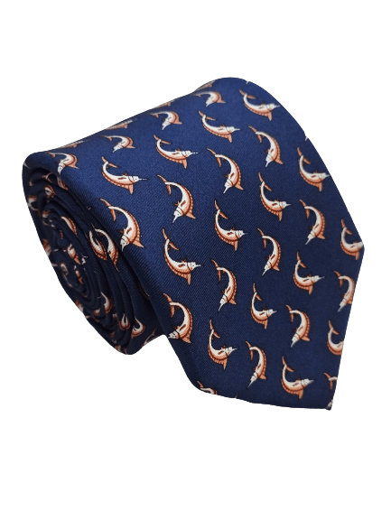 Gravata Seda Tradicional Azul Marinho com desenhos de Peixe - Hover