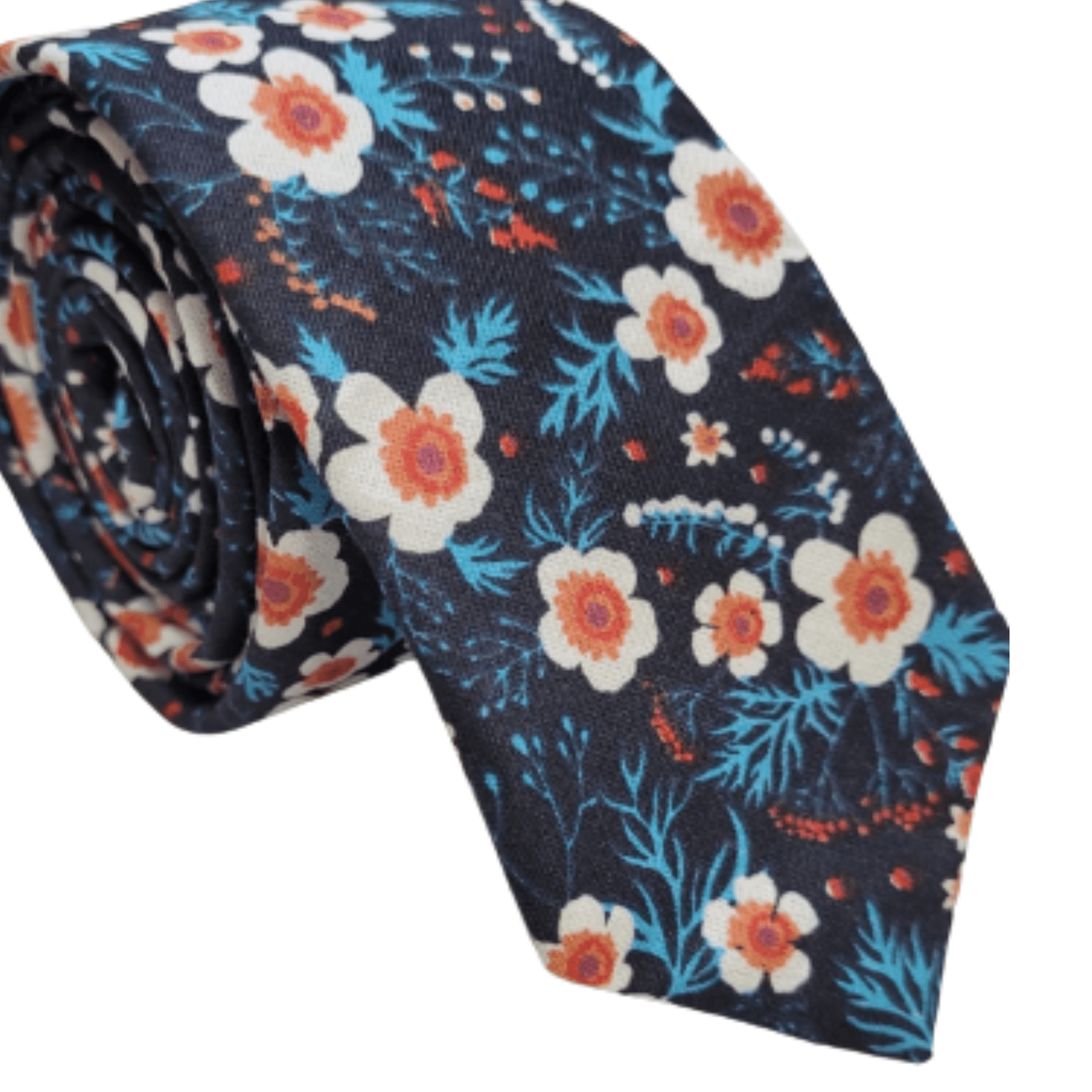 Gravata Algodão Slim Floral Azul  E  Branco