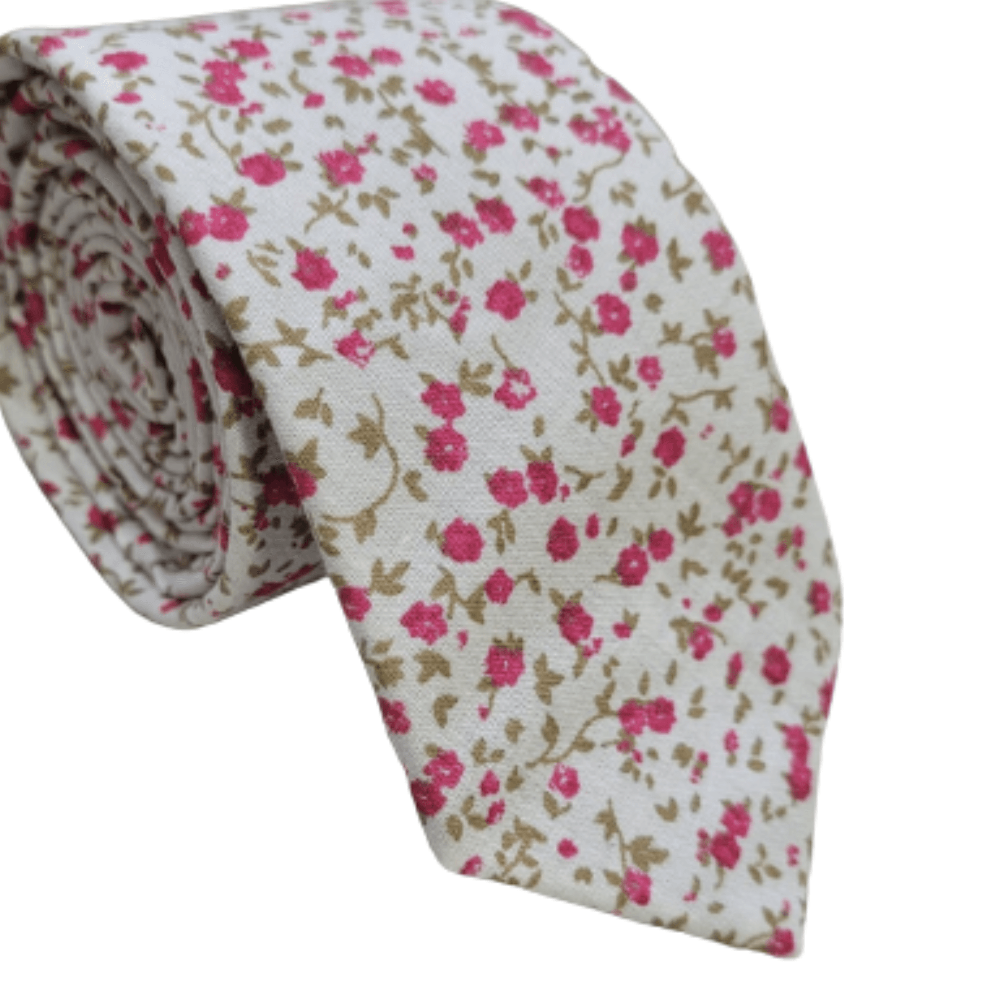 Gravata Algodão Slim Branca com Floral Rosa