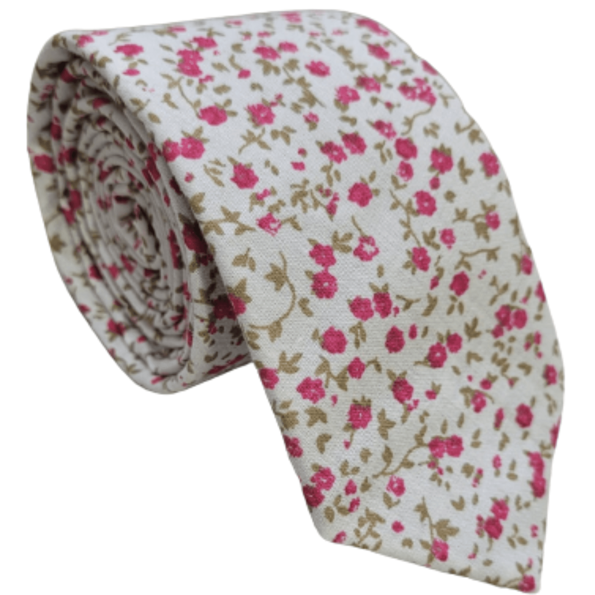 Gravata Algodão Slim Branca com Floral Rosa - Hover