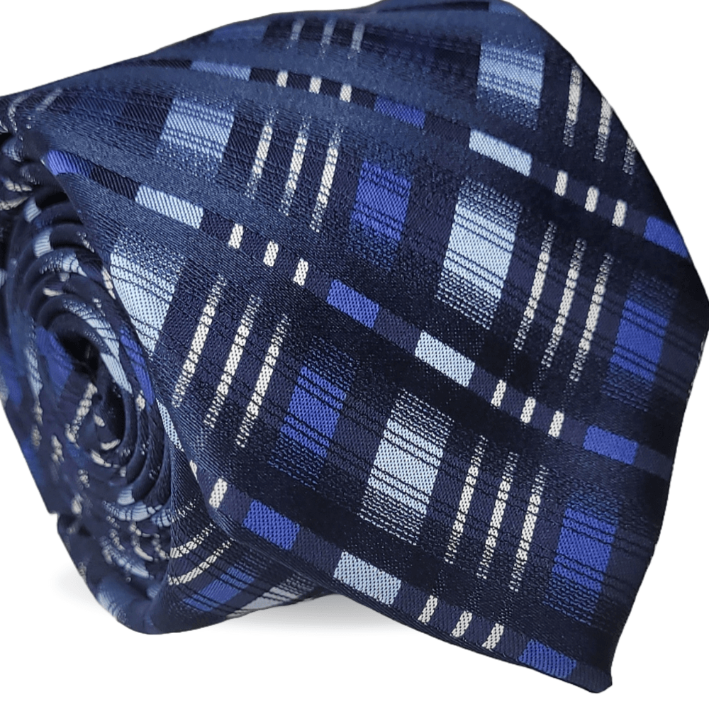 GRAVATA TRADICIONAL POLIÉSTER JACGUARD XADREZ MARINHO E AZUL CLARO