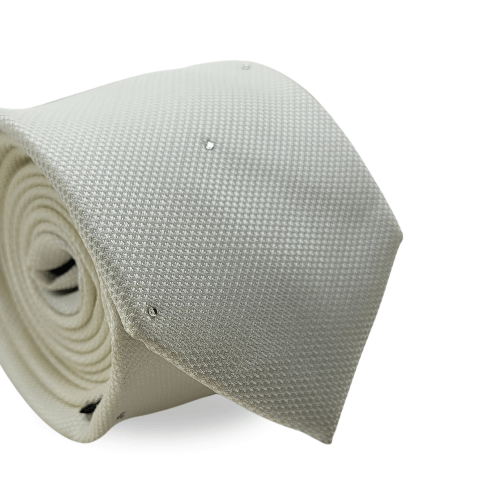 Gravata Tradicional Com Desenhos Geométricos Em Seda Pura Swarovski Bege Textura Small